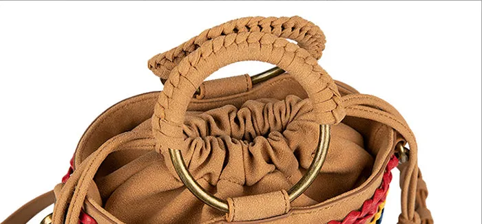 Small Vegan Leather Suede Bucket Bag Fringe Crossbody Boho Bag For Women