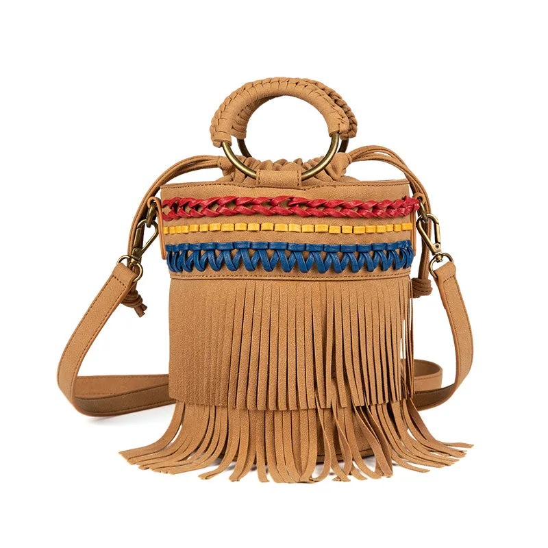 Small Vegan Leather Suede Bucket Bag Fringe Crossbody Boho Bag For Women