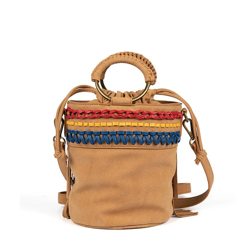 Small Vegan Leather Suede Bucket Bag Fringe Crossbody Boho Bag For Women