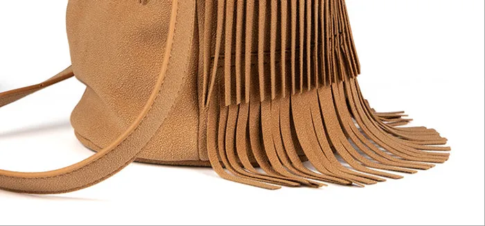 Small Vegan Leather Suede Bucket Bag Fringe Crossbody Boho Bag For Women
