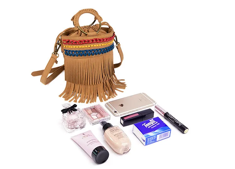 Small Vegan Leather Suede Bucket Bag Fringe Crossbody Boho Bag For Women