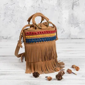 Small Vegan Leather Suede Bucket Bag Fringe Crossbody Boho Bag For Women
