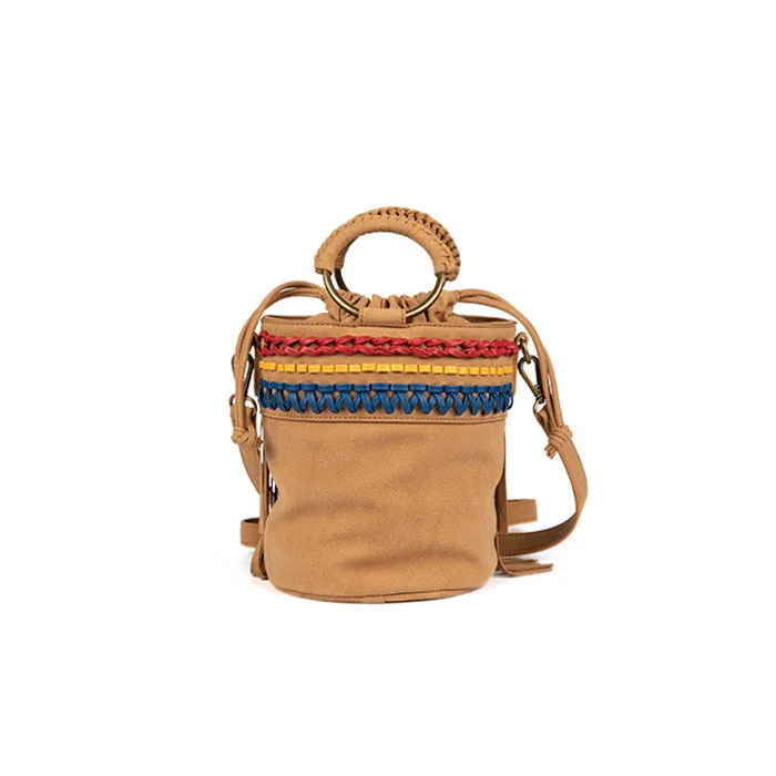 Small Vegan Leather Suede Bucket Bag Fringe Crossbody Boho Bag For Women