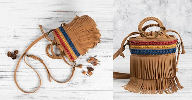 Small Vegan Leather Suede Bucket Bag Fringe Crossbody Boho Bag For Women