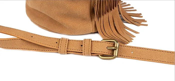 Small Vegan Leather Suede Bucket Bag Fringe Crossbody Boho Bag For Women