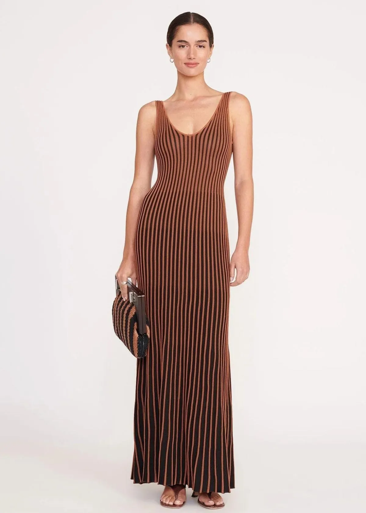 STAUD Alba Frame Clutch Handbag - Black/Tan Seashore Stripe
