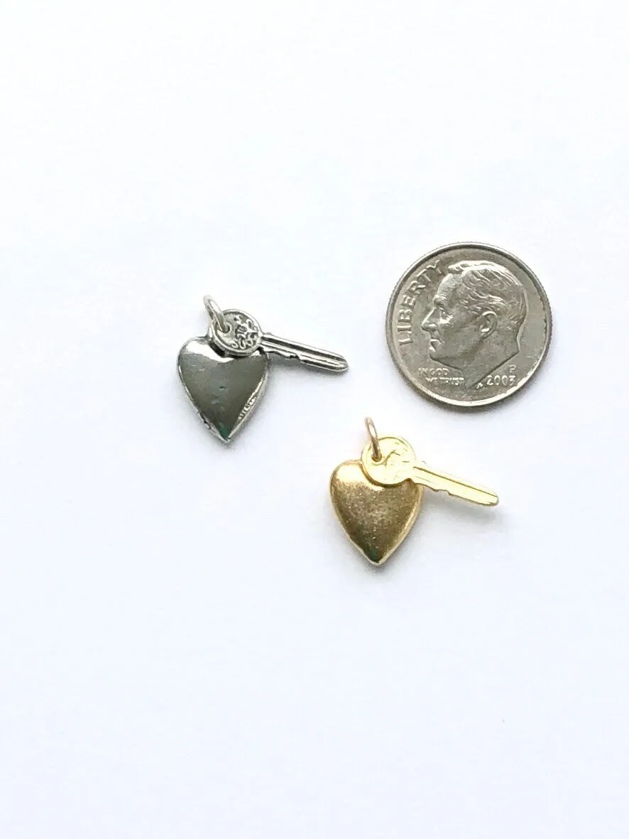 Tiny Key Charm, Gold Key, Tiny Heart Charm, Charm Bracelet, Key Charm, Gold Heart Charm, Vintage Key, Vintage Charm, Lock and Key, Cute Key